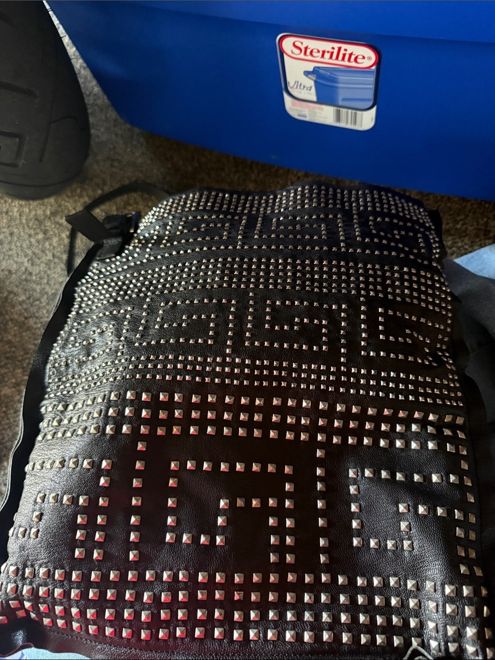 Studded Black Crossbody Bag with Geometric Pattern